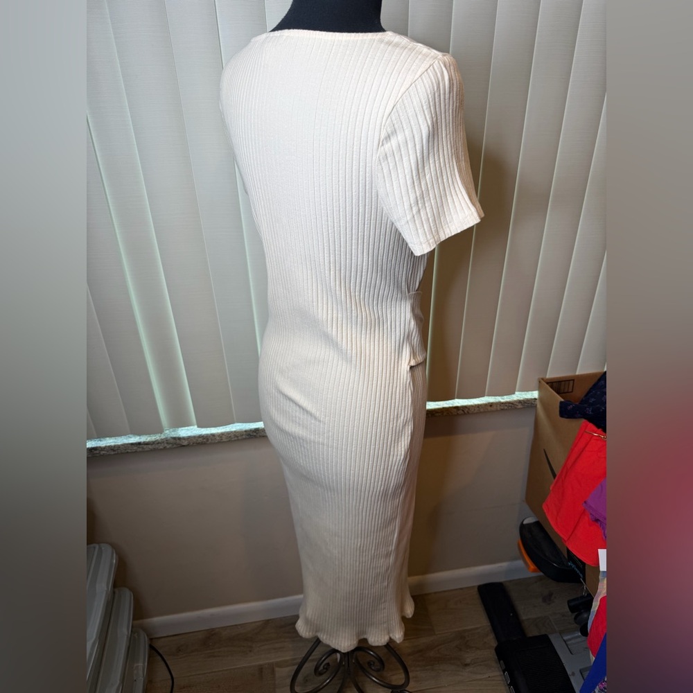 TOPSHOP Midi Sweater Dress 10 Beige Ribbed Knit Short Sleeve Tie Belt Size 14 - Picture 4 of 7
